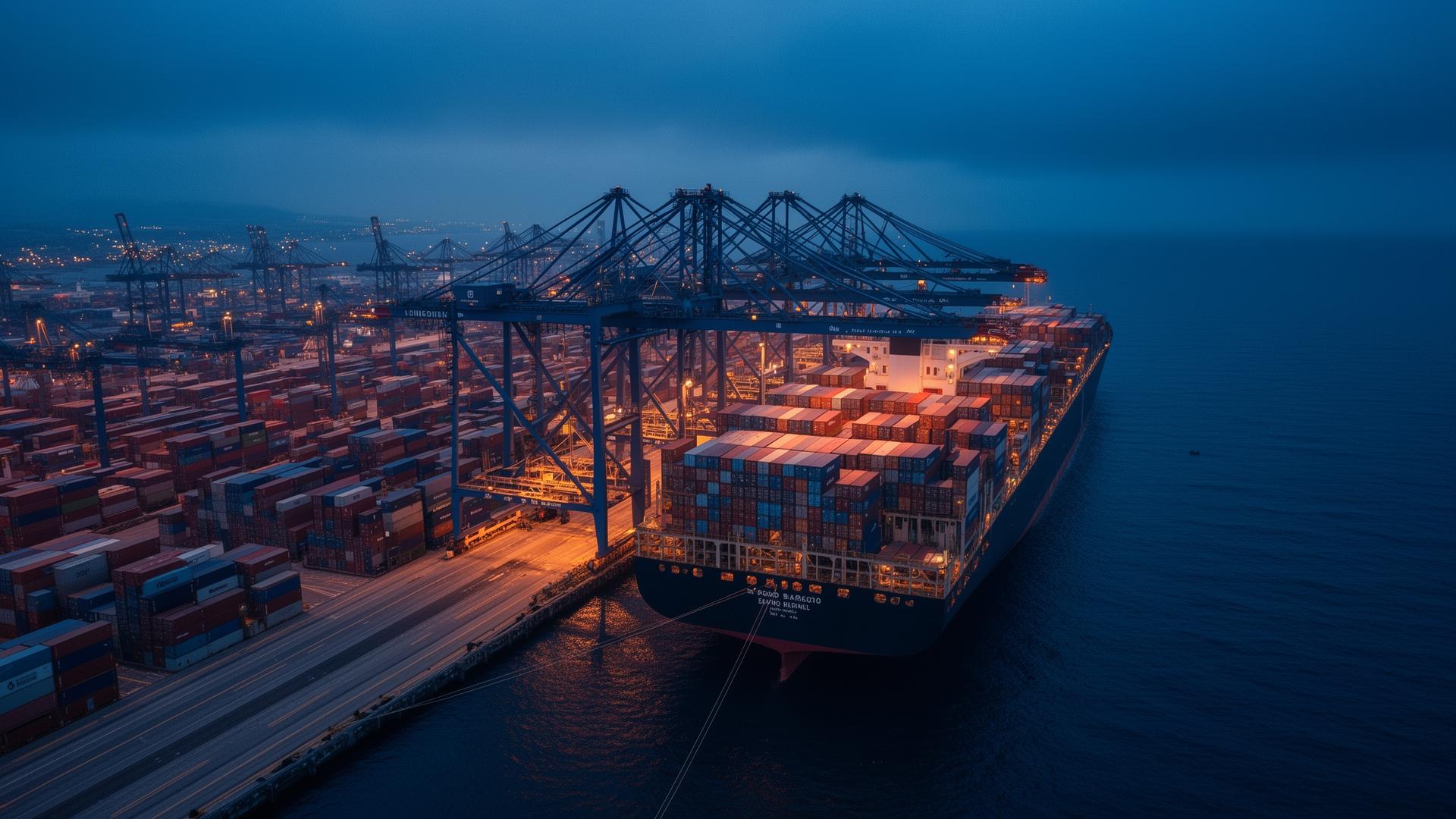 International shipping port at blue hour